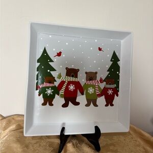 Crate&Barrel 12” Holiday Bear Family Plate with Green and Red Accents